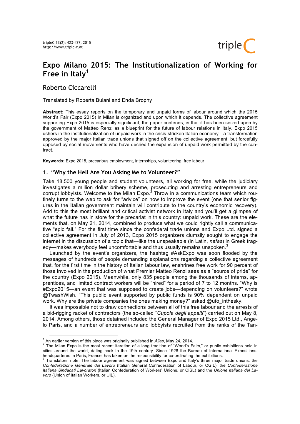 Expo Milano 2015: the Institutionalization of Working for Free in Italy1