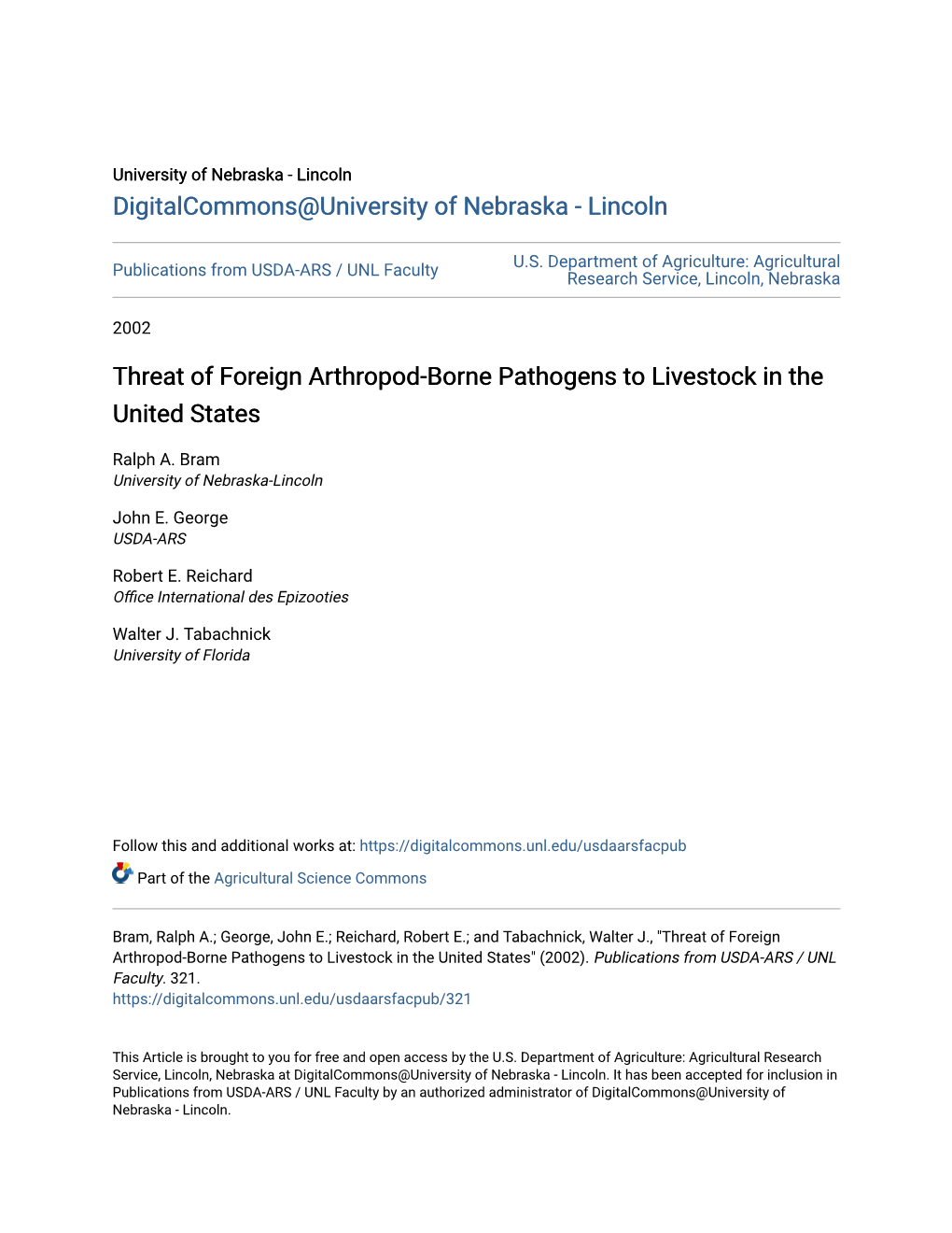 Threat of Foreign Arthropod-Borne Pathogens to Livestock in the United States