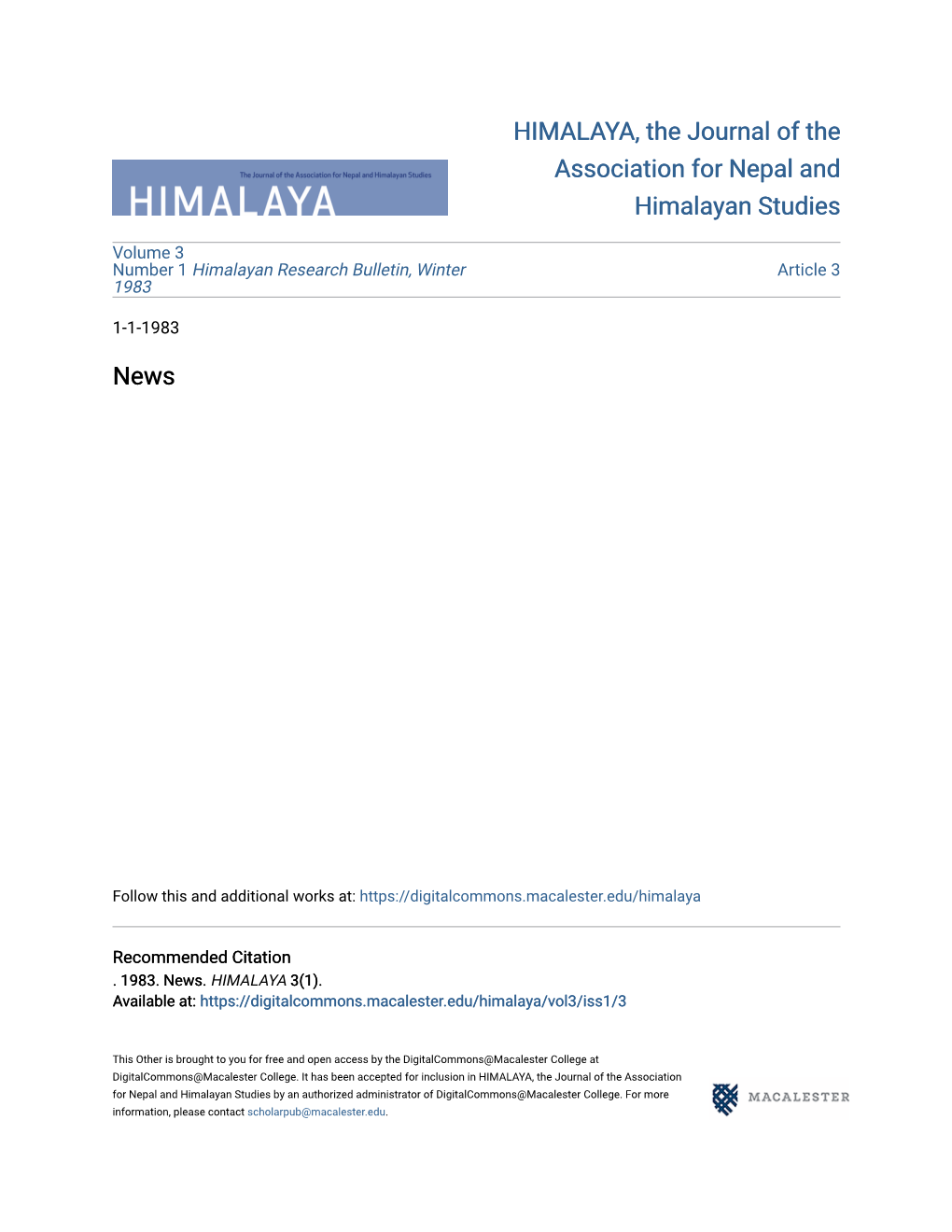 HIMALAYA, the Journal of the Association for Nepal and Himalayan Studies News