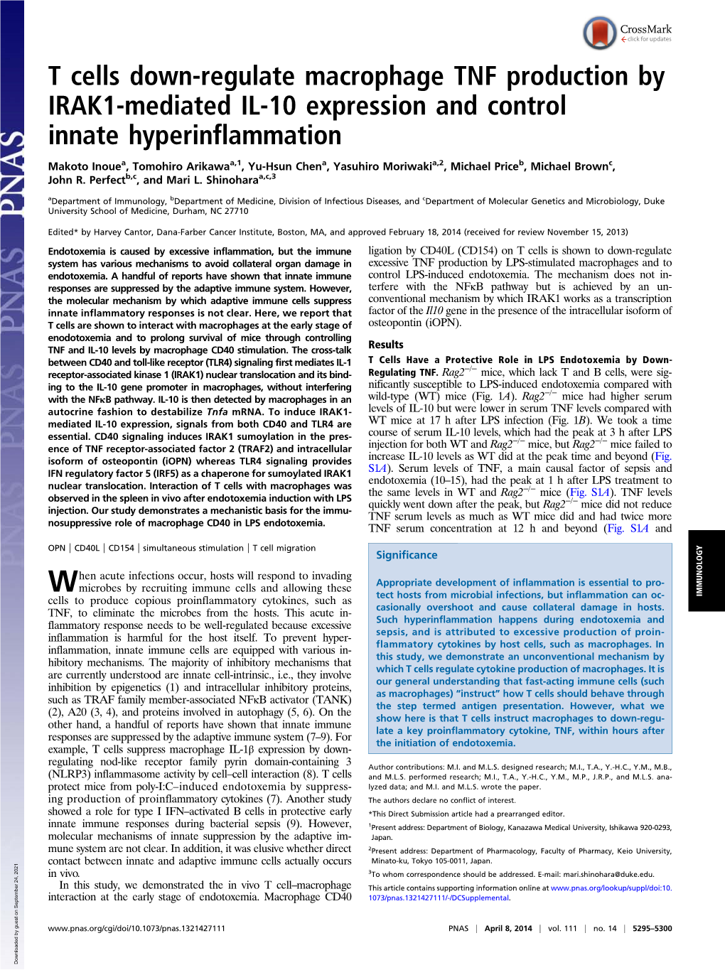 T Cells Down-Regulate Macrophage TNF Production by IRAK1-Mediated IL-10 Expression and Control Innate Hyperinflammation