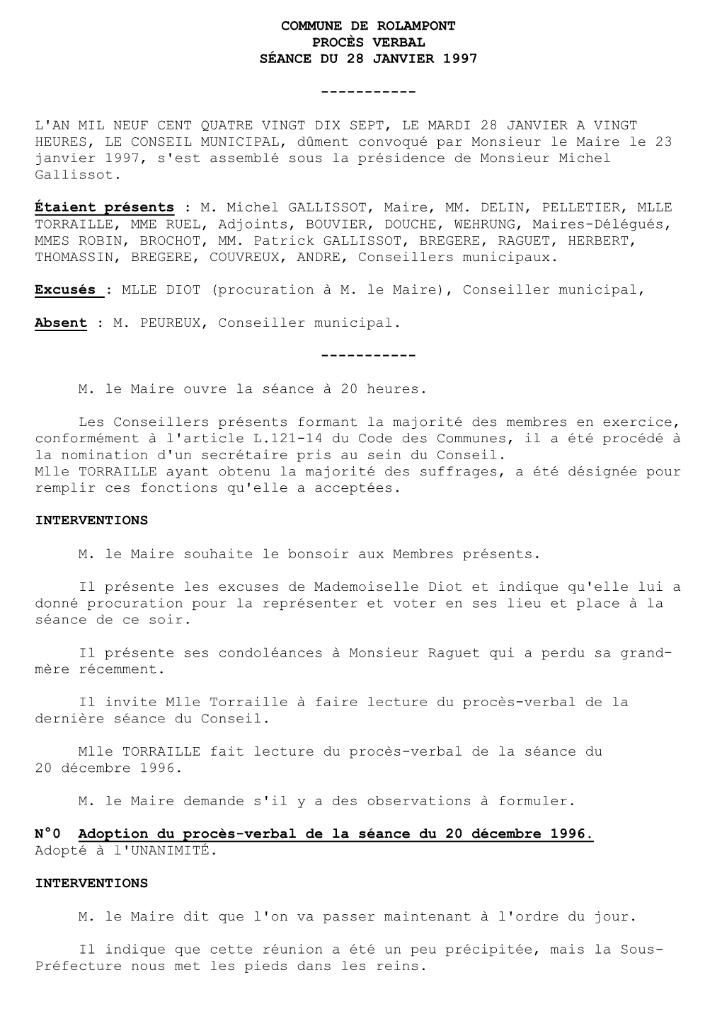 Commune De Rolampont Procès Verbal Séance Du 28 Janvier 1997