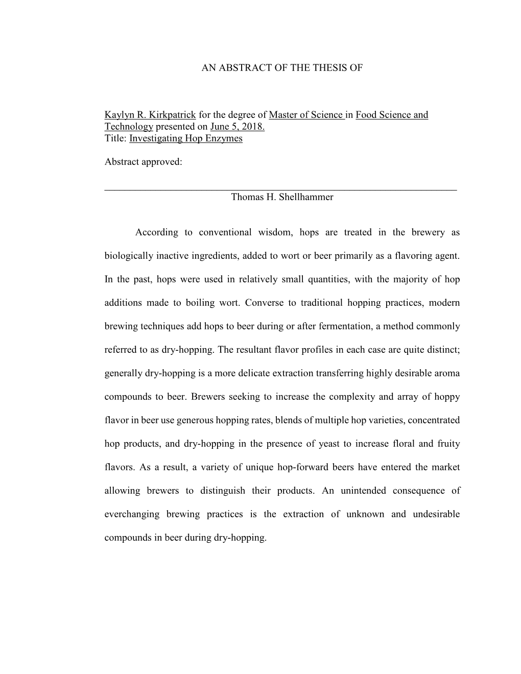 &lt;Abstract Centered&gt; an ABSTRACT of the THESIS OF