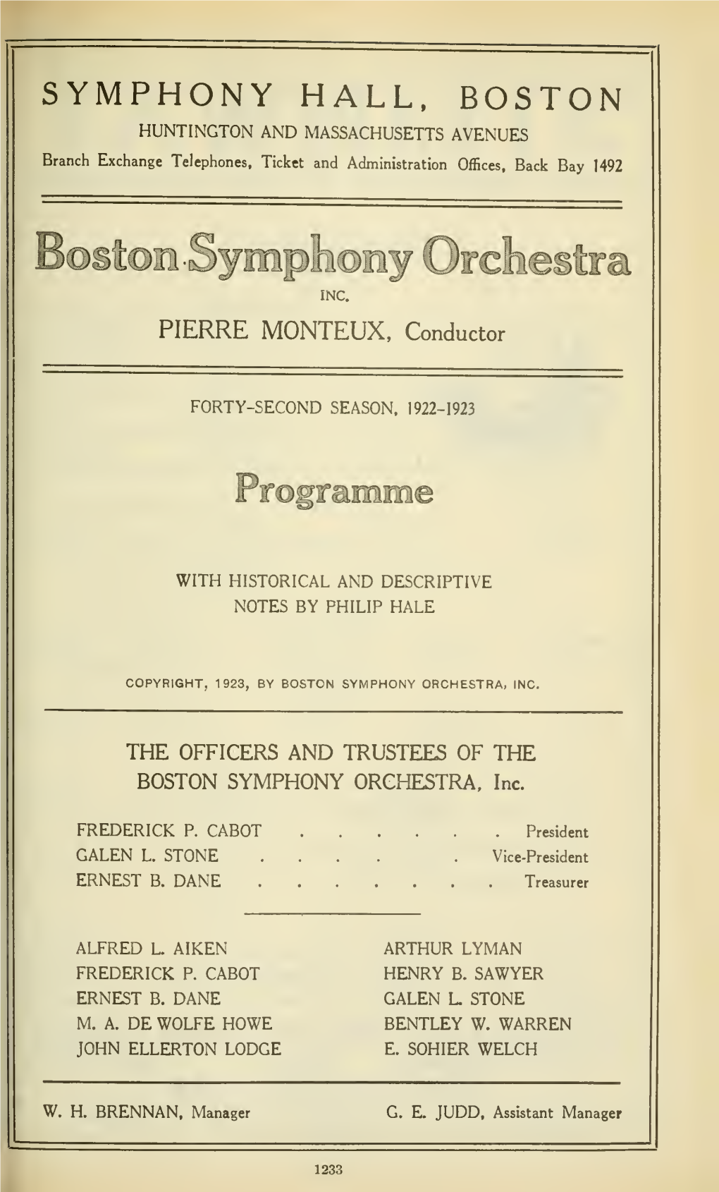 SYMPHONY HALL, BOSTON HUNTINGTON and MASSACHUSETTS AVENUES Branch Exchange Telephones, Ticket and Administration Offices, Back Bay 1492