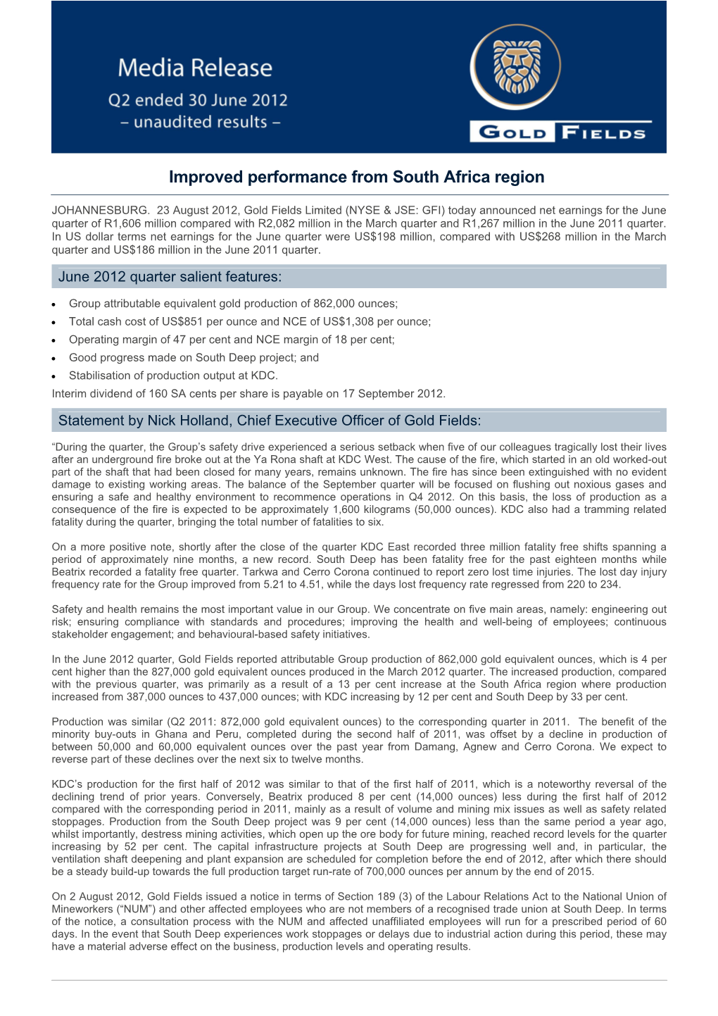 Improved Performance from South Africa Region