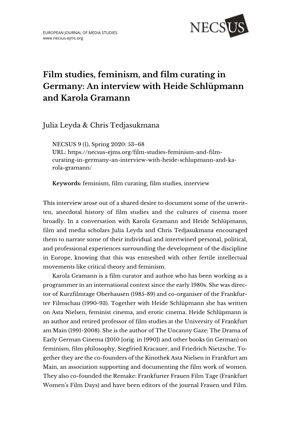 An Interview with Heide Schlüpmann and Karola Gramann