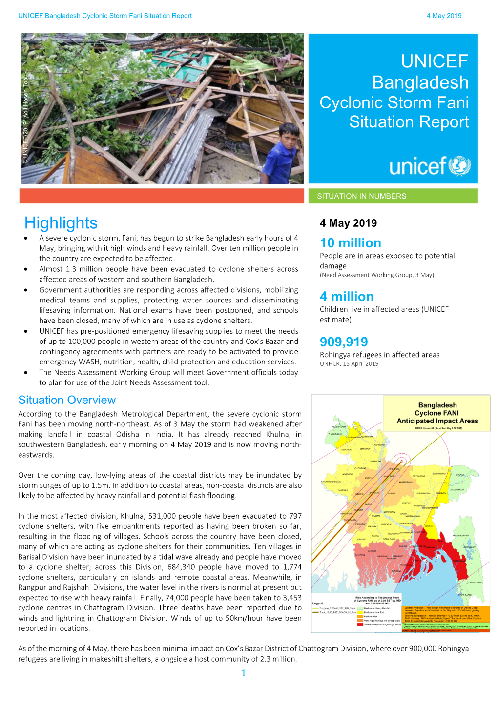 UNICEF Bangladesh Cyclonic Storm Fani Situation Report 4 May 2019