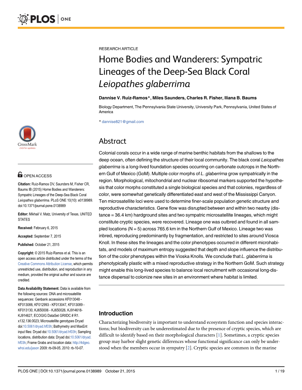 Home Bodies and Wanderers: Sympatric Lineages of the Deep-Sea Black Coral Leiopathes Glaberrima