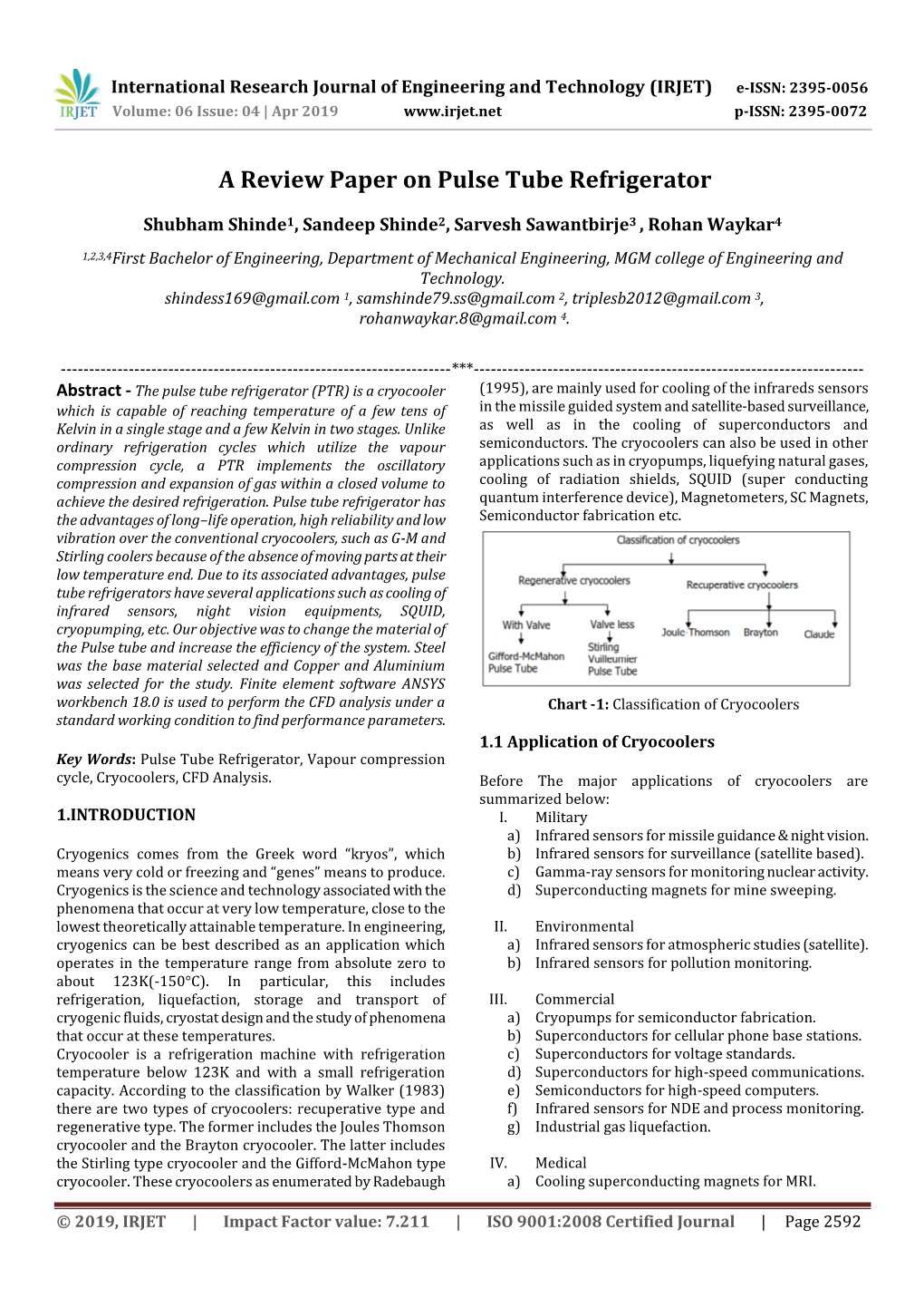 A Review Paper on Pulse Tube Refrigerator