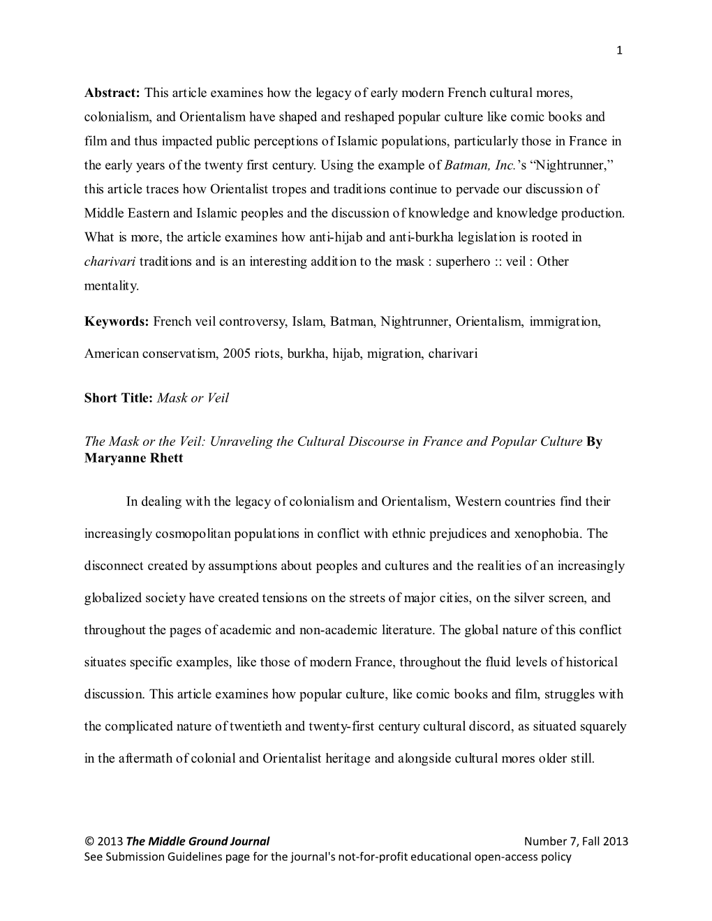 Abstract: This Article Examines How the Legacy of Early Modern French Cultural Mores, Colonialism, and Orientalism Have Shaped A