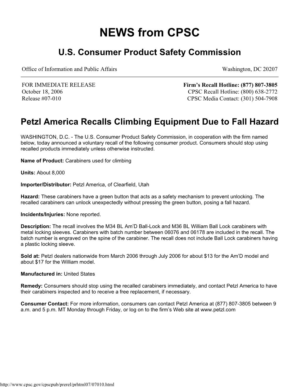 Petzl America Recalls Climbing Equipment Due to Fall Hazard