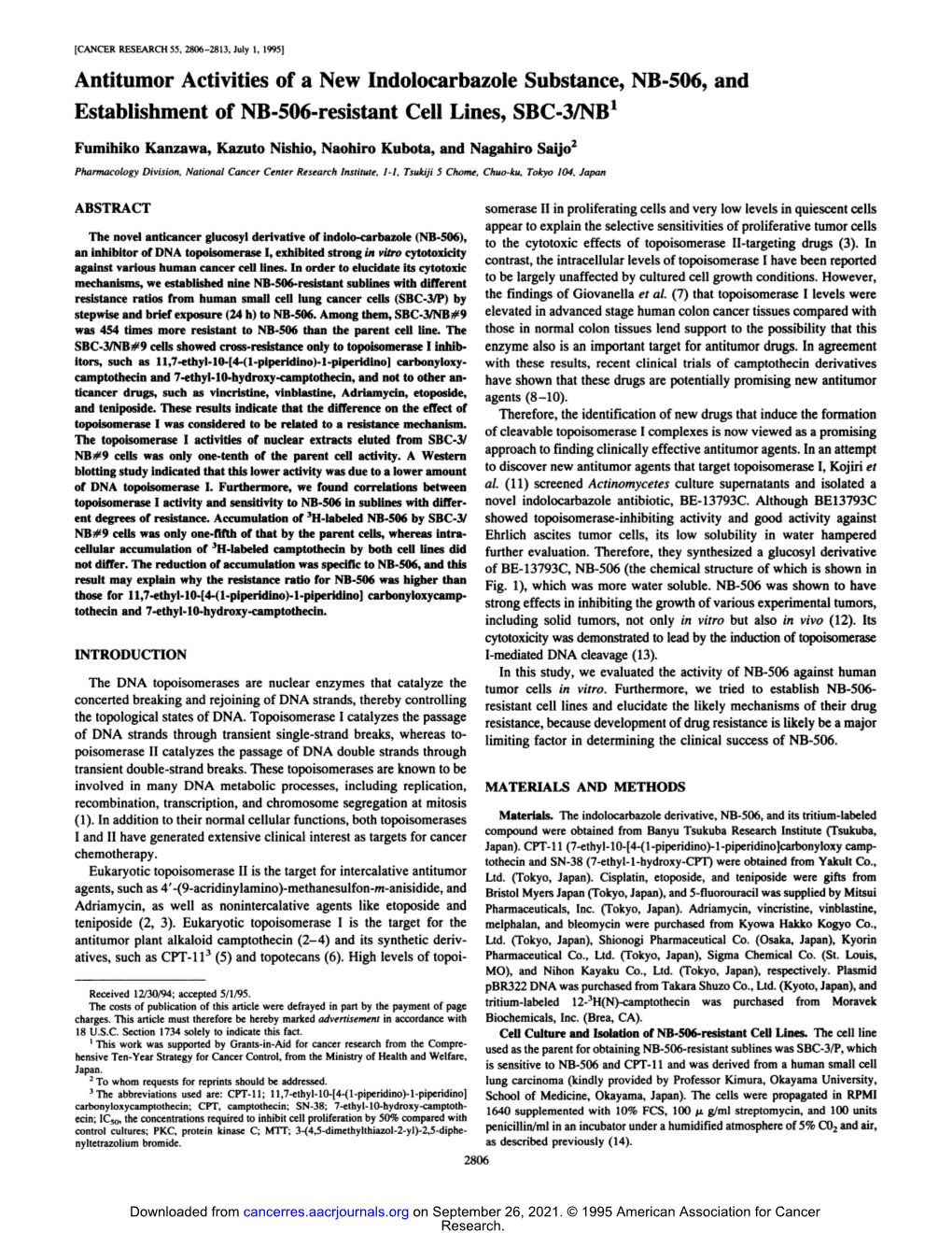 Antitumor Activities of a New Indolocarbazole Substance, NB-506, and Establishment of NB-506-Resistant Cell Lines, SBC-3/NB'