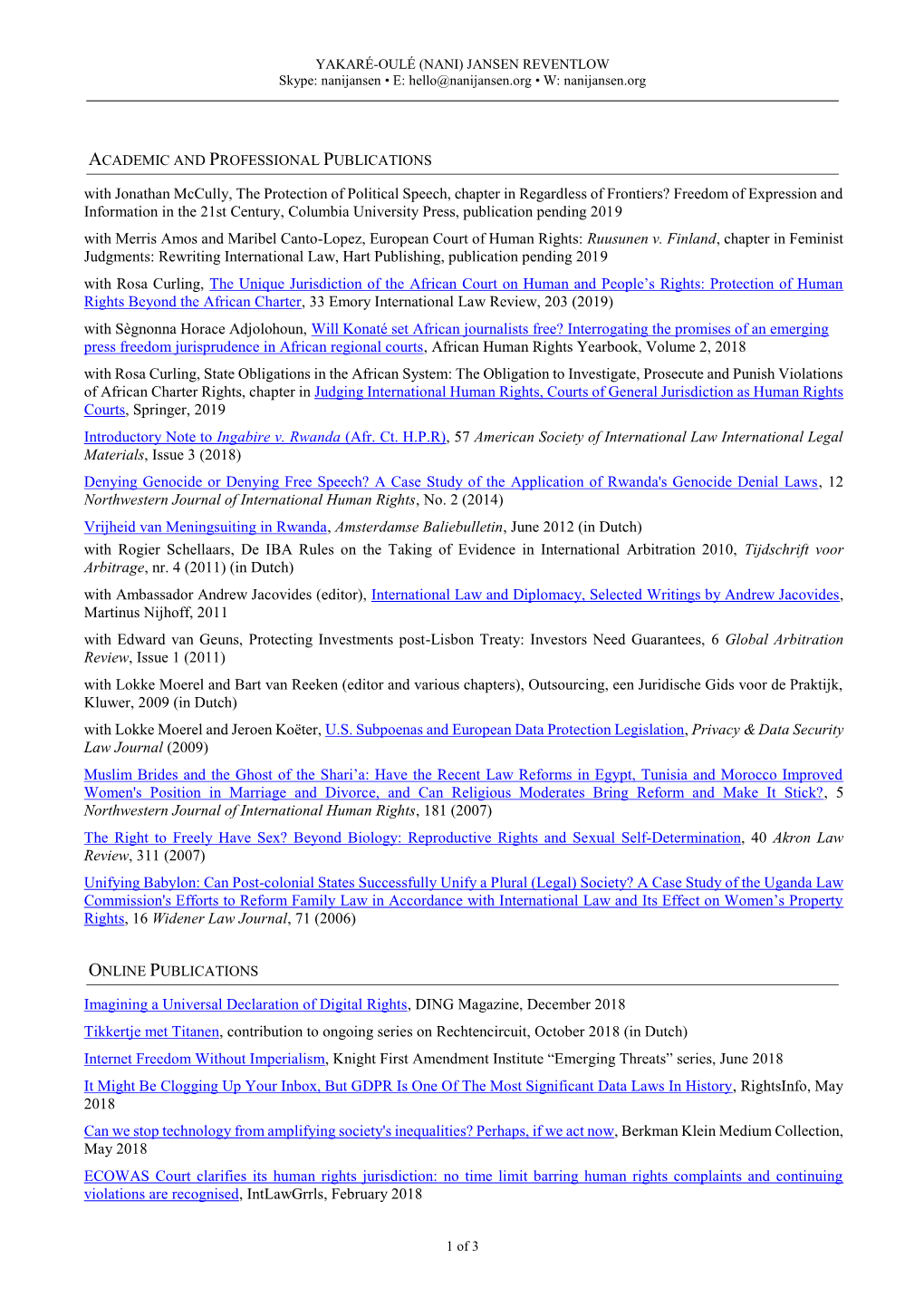 ACADEMIC and PROFESSIONAL PUBLICATIONS with Jonathan Mccully, the Protection of Political Speech, Chapter in Regardless of Front