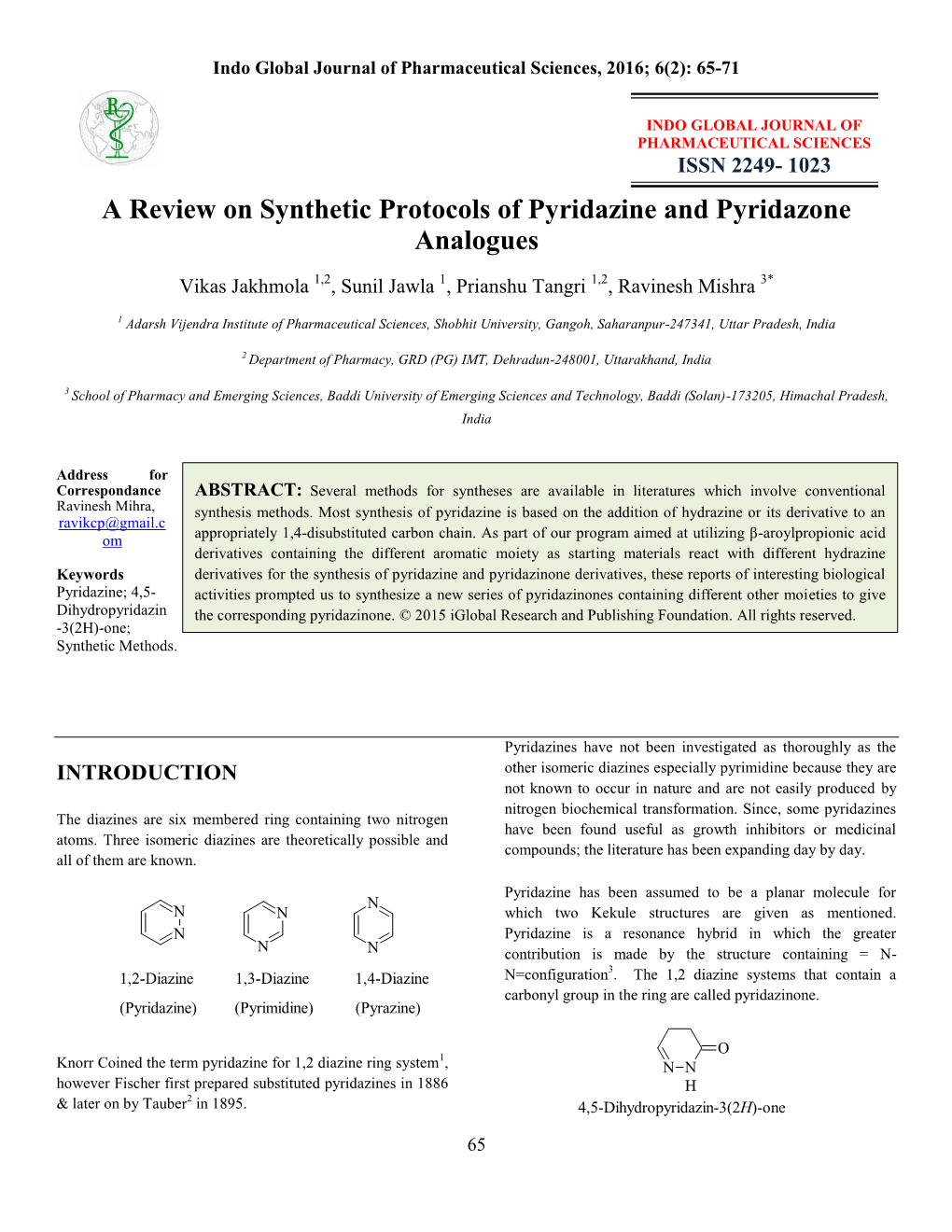 A Review on Synthetic Protocols of Pyridazine and Pyridazone Analogues