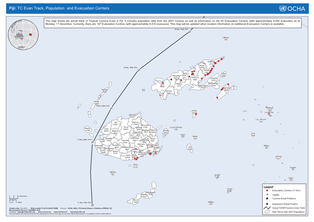 Fiji: TC Evan Track, Population and Evacuation Centers