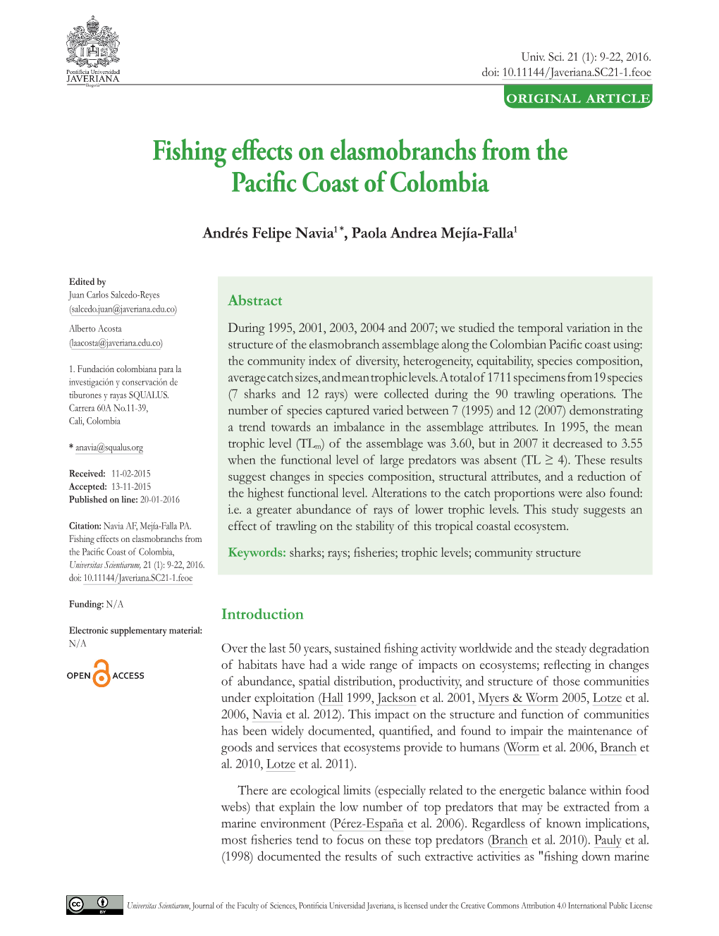 Fishing Effects on Elasmobranchs from the Pacific Coast of Colombia