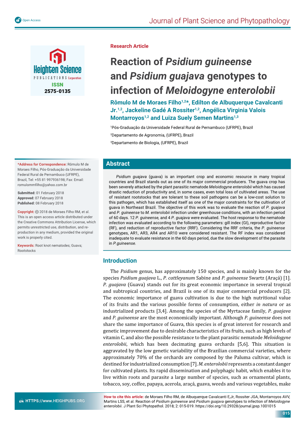 Reaction of Psidium Guineense and Psidium Guajava Genotypes to Infection of Meloidogyne Enterolobii