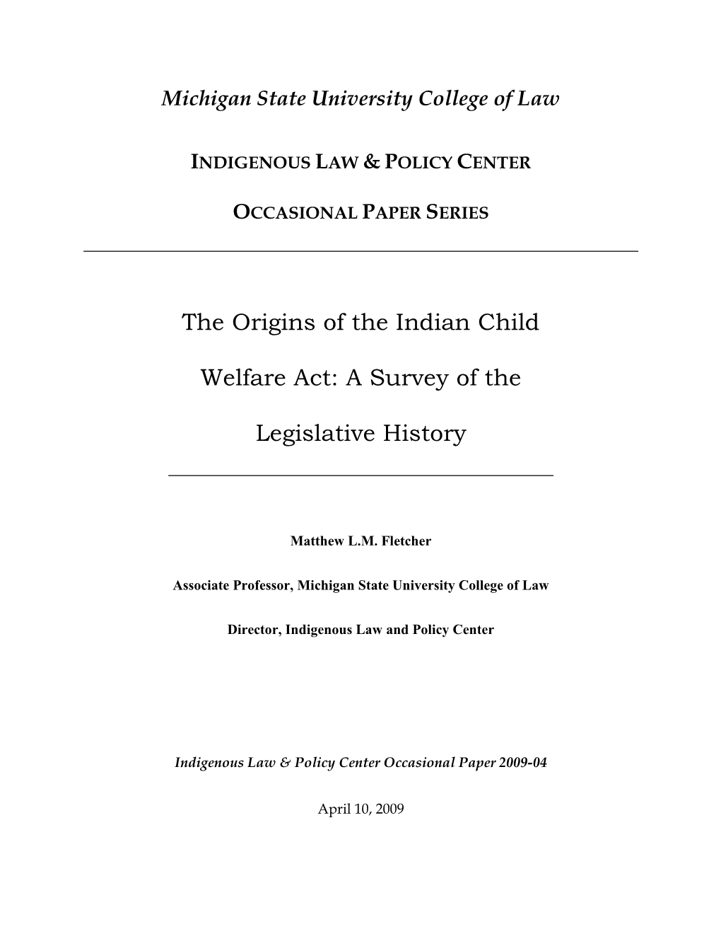 The Origins of the Indian Child Welfare