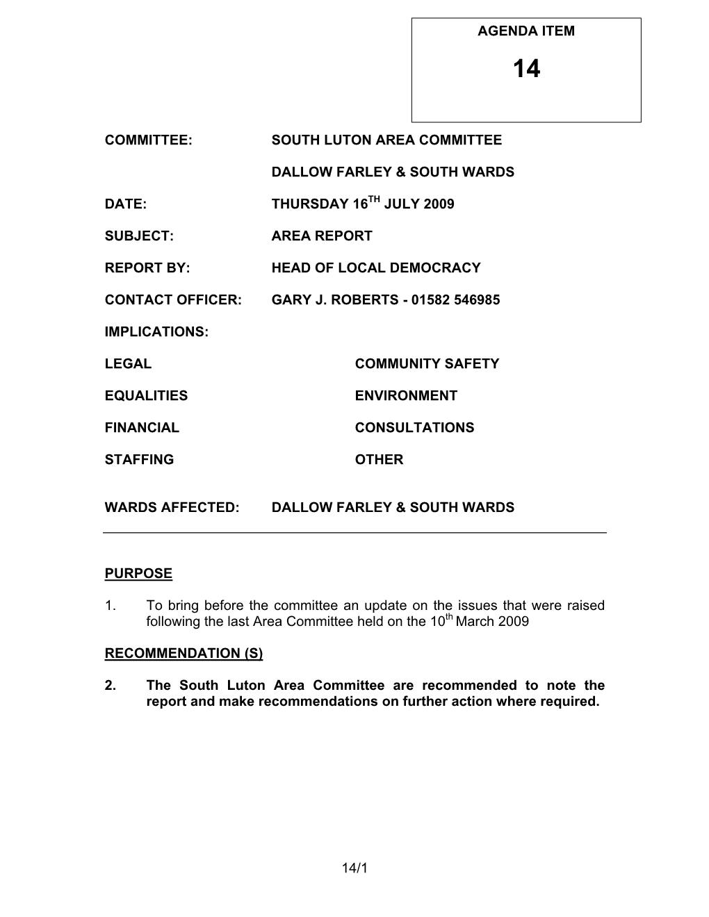 South Luton Area Committee Dallow Farley & South