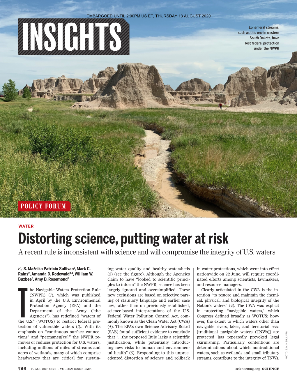 Distorting Science, Putting Water at Risk a Recent Rule Is Inconsistent with Science and Will Compromise the Integrity of U.S