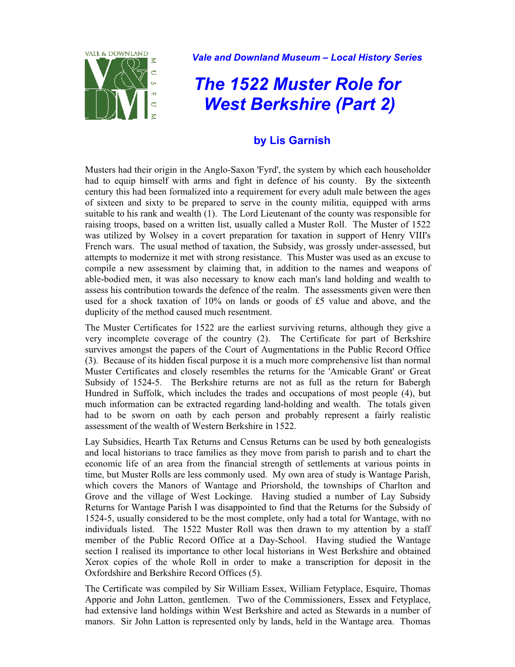 The 1522 Muster Role for West Berkshire (Part 2)