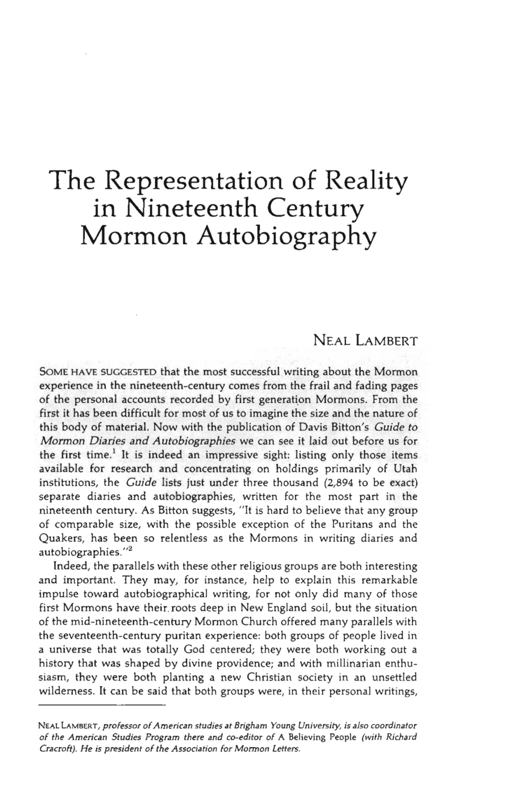 The Representation of Reality in Nineteenth Century Mormon Autobiography