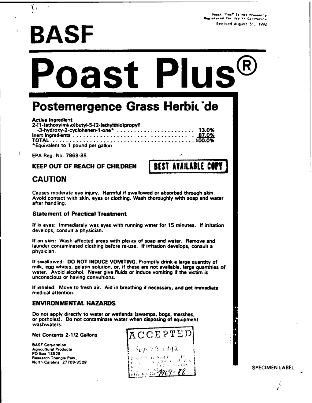 U.S. EPA, Pesticide Product Label, SEGMENT HERBICIDE, 09/23/1992