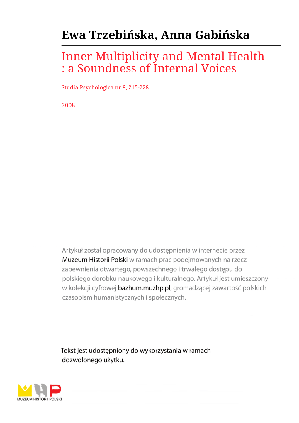 Ewa Trzebińska, Anna Gabińska Inner Multiplicity and Mental Health : a Soundness of Internal Voices