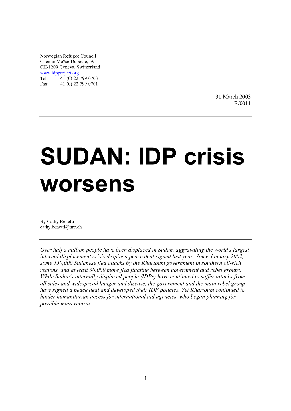 SUDAN: IDP Crisis Worsens