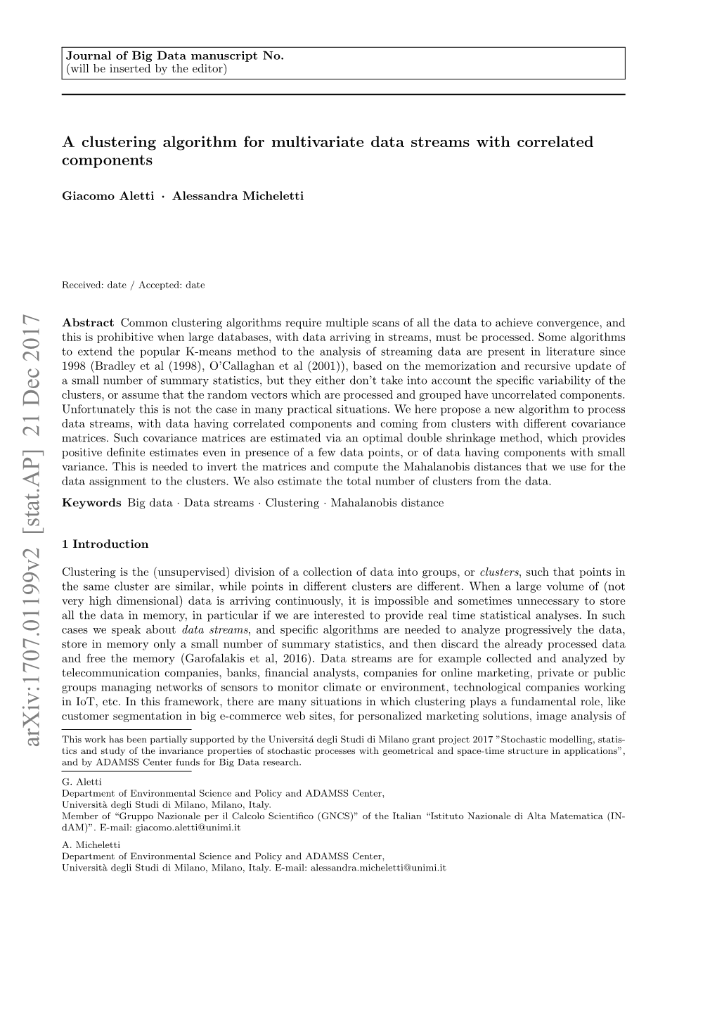 A Clustering Algorithm for Multivariate Data Streams with Correlated Components