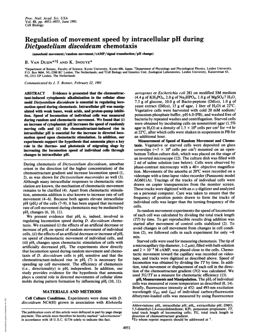 Regulation of Movement Speed by Intracellular Ph During Dictyostelium Discoideum Chemotaxis (Amoeboid Movement/Random Movement/Camp/Signal Transduction/Ph Change) B