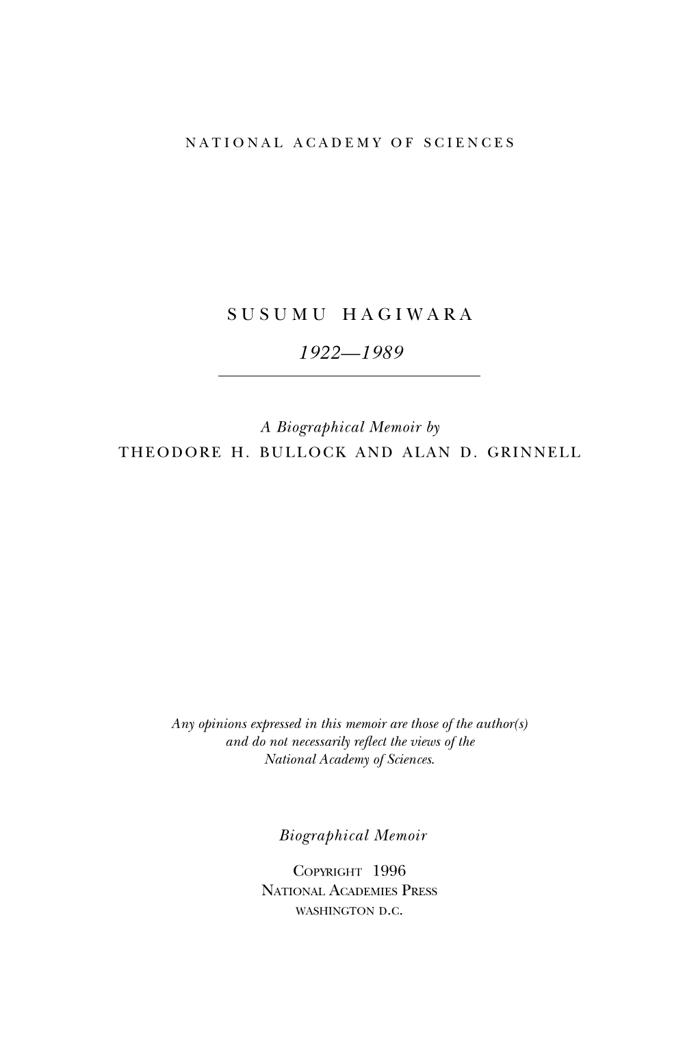 SUSUMU HAGIWARA November 6, 1922–April 1, 1989