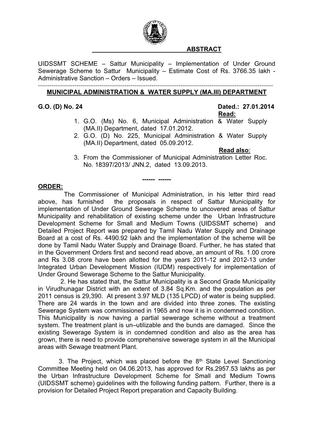 Sattur Municipality – Implementation of Under Ground Sewerage Scheme to Sattur Municipality – Estimate Cost of Rs