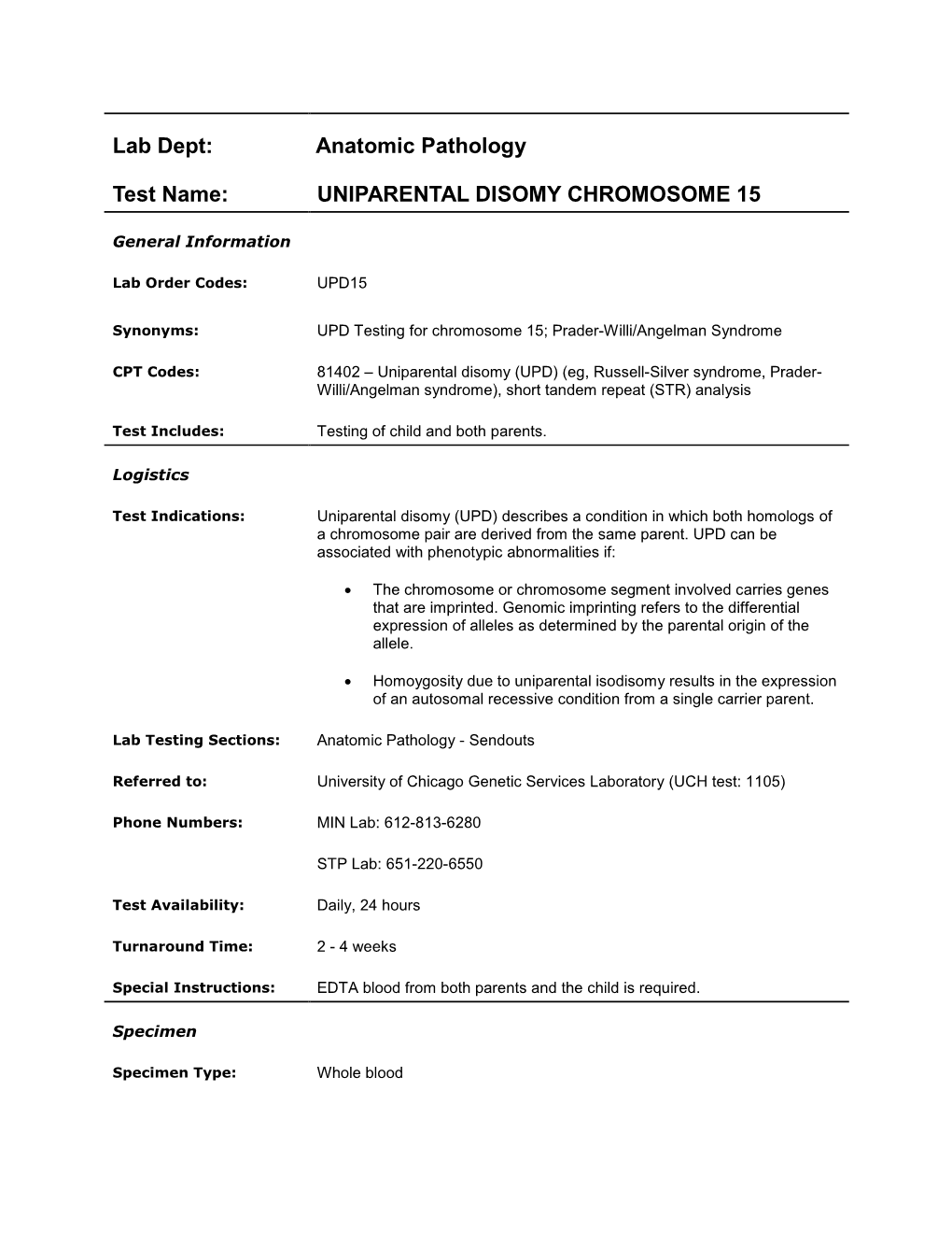 Uniparental Disomy Chromosome 15