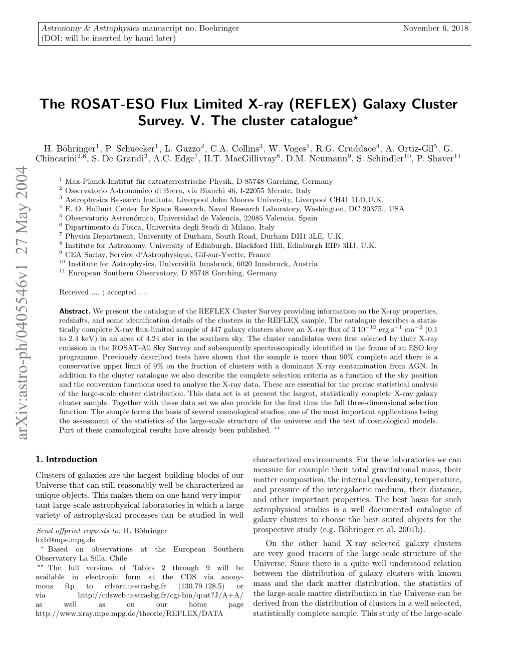 The ROSAT-ESO Flux Limited X-Ray (REFLEX) Galaxy Cluster Survey. V