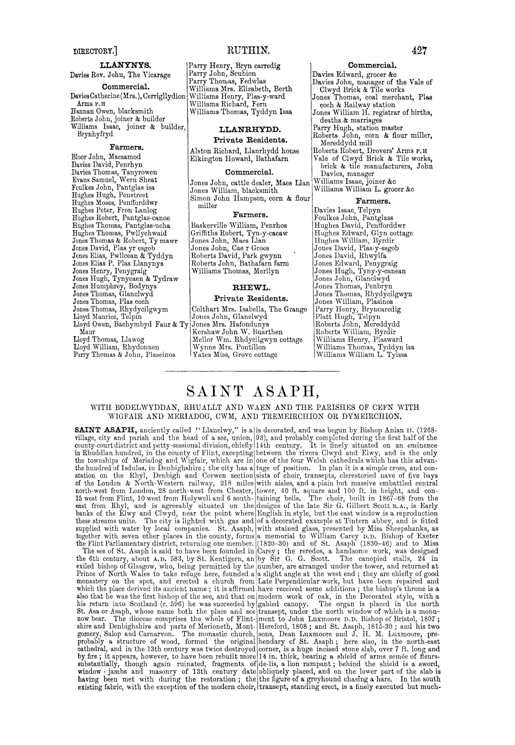 Saint Asaph, with Bodelwyddan, Rhuallt and Waen and the Parishes of Cefn with Wigfair and :Meriadog, Cw:M, and Tremeirchion Or Dymeirchion