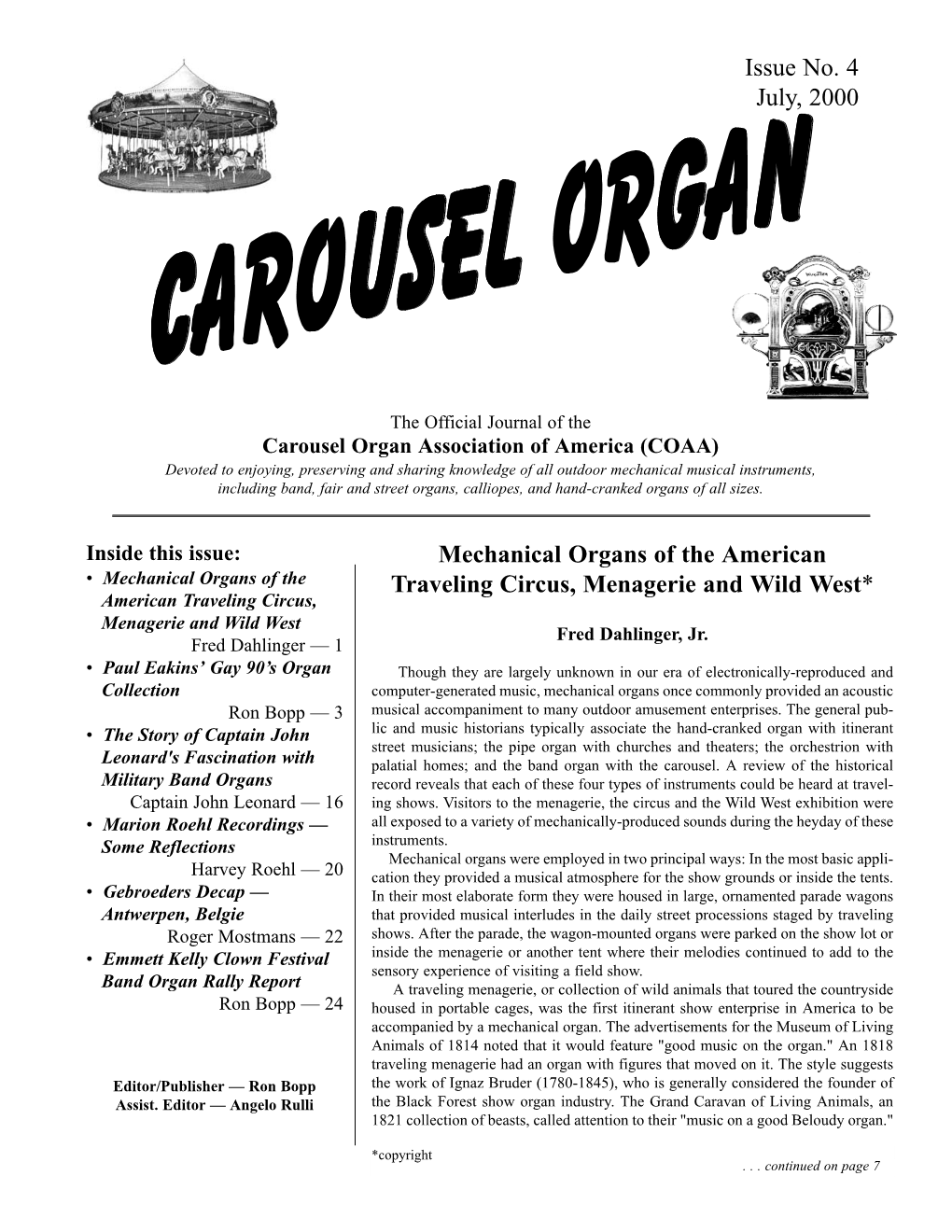 Mechanical Organs of the American Traveling Circus, Menagerie And