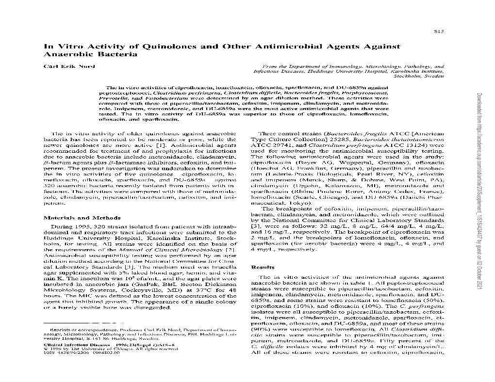 In Vitro Activity of Quinolones and Other Antimicrobial Agents Against Anaerobic Bacteria