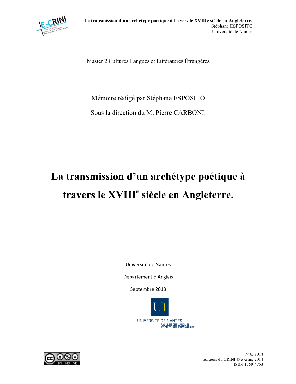 La Transmission D'un Archétype Poétique À Travers Le XVIII Siècle En