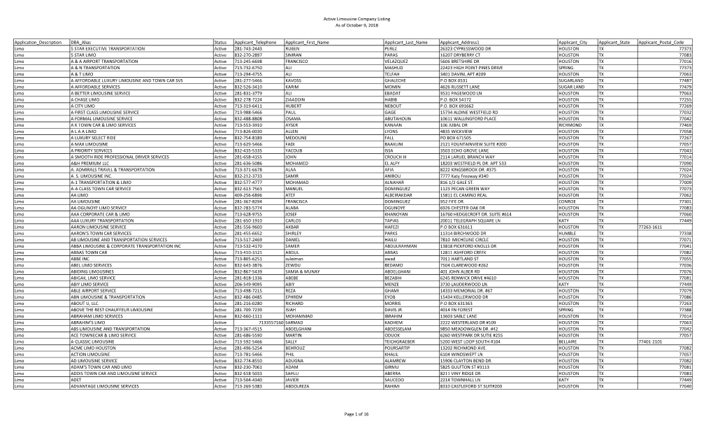 Active Limousine Company Listing As of October 9, 2018