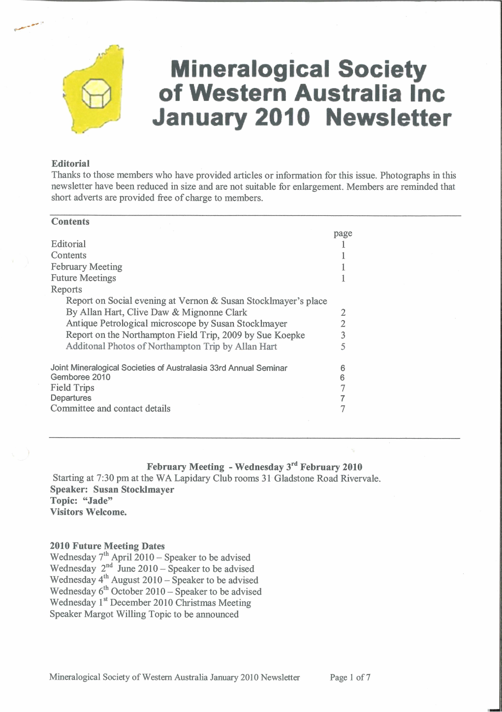 Mineralogical Society of Western Australia Inc January 2010 Newsletter