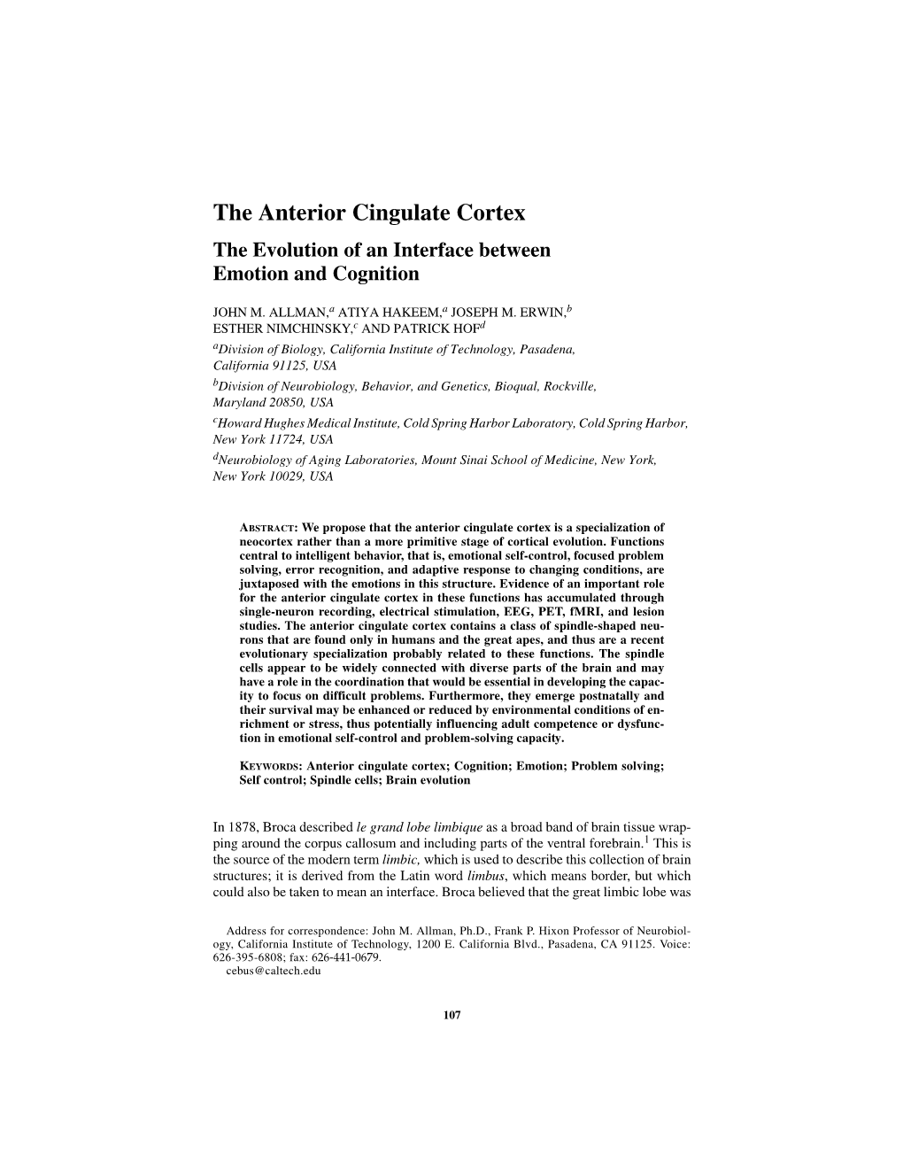 The Anterior Cingulate Cortex the Evolution of an Interface Between Emotion and Cognition