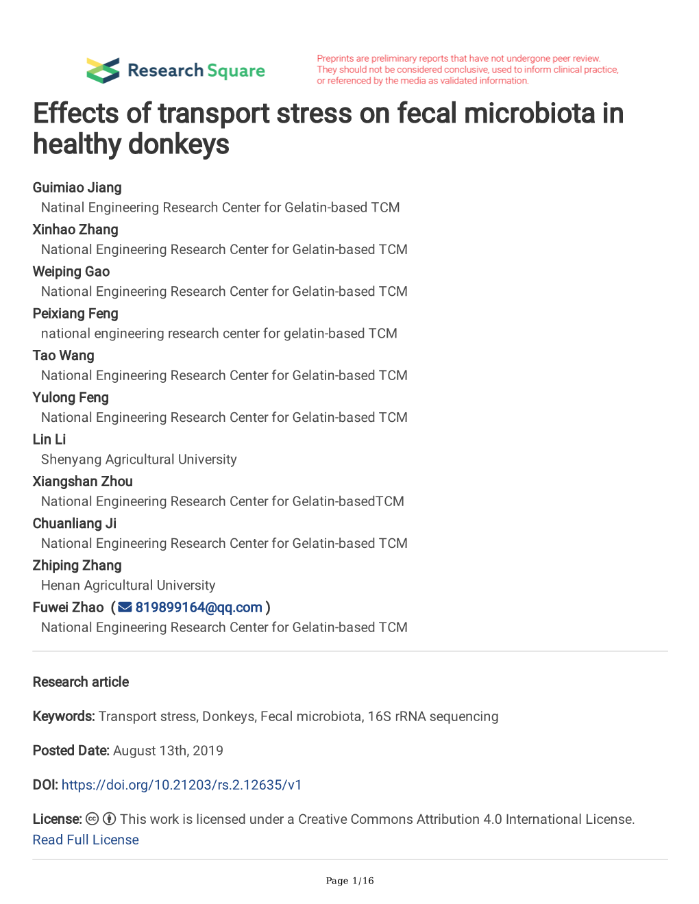 Effects of Transport Stress on Fecal Microbiota in Healthy Donkeys