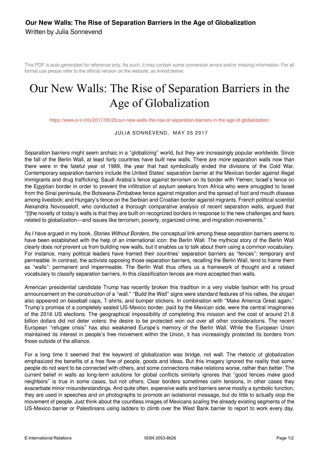 The Rise of Separation Barriers in the Age of Globalization Written by Julia Sonnevend