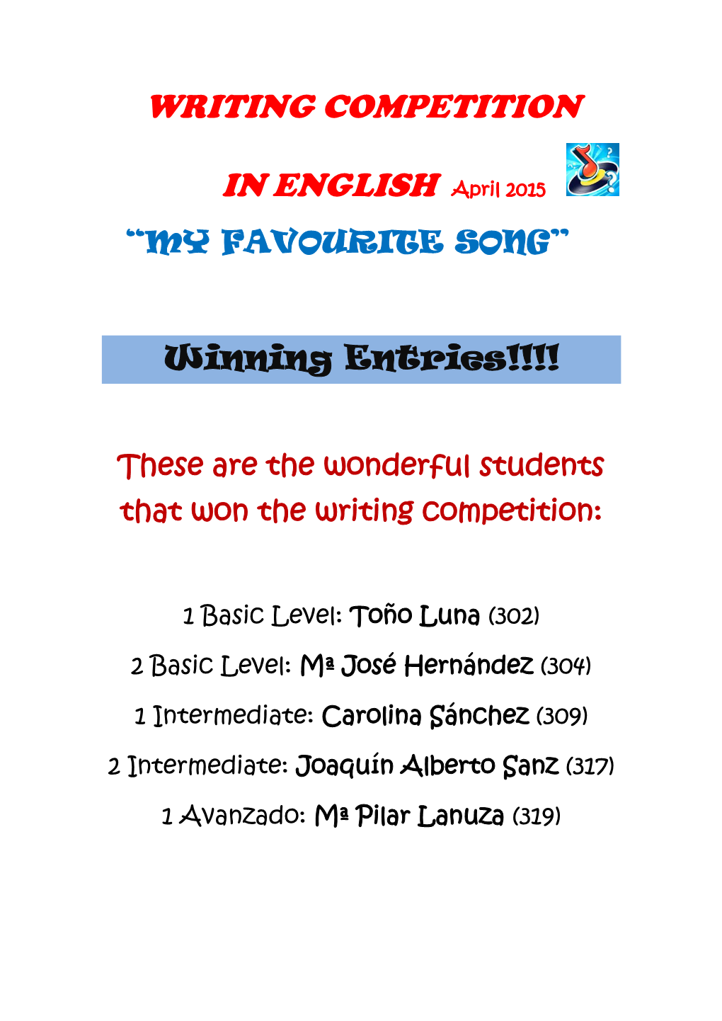 WRITING COMPETITION in ENGLISH April 2015