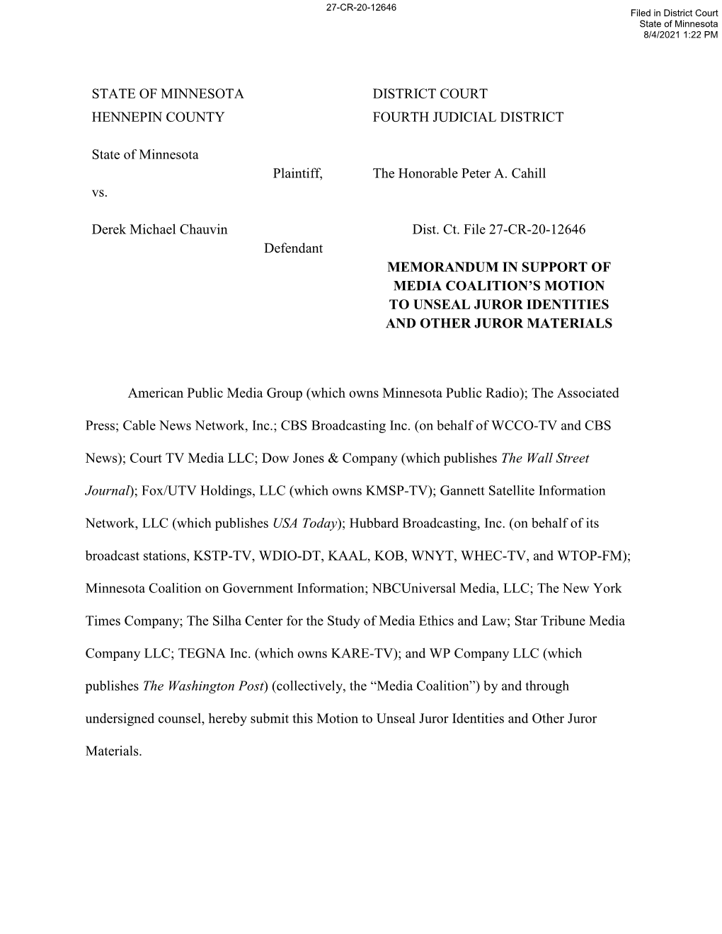 Memorandum in Support of Media Coalition's Motion to Unseal Juror Identities and Other Juror Materials