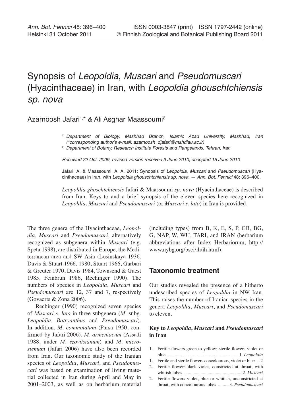 Synopsis of Leopoldia, Muscari and Pseudomuscari (Hyacinthaceae) in Iran, with Leopoldia Ghouschtchiensis Sp