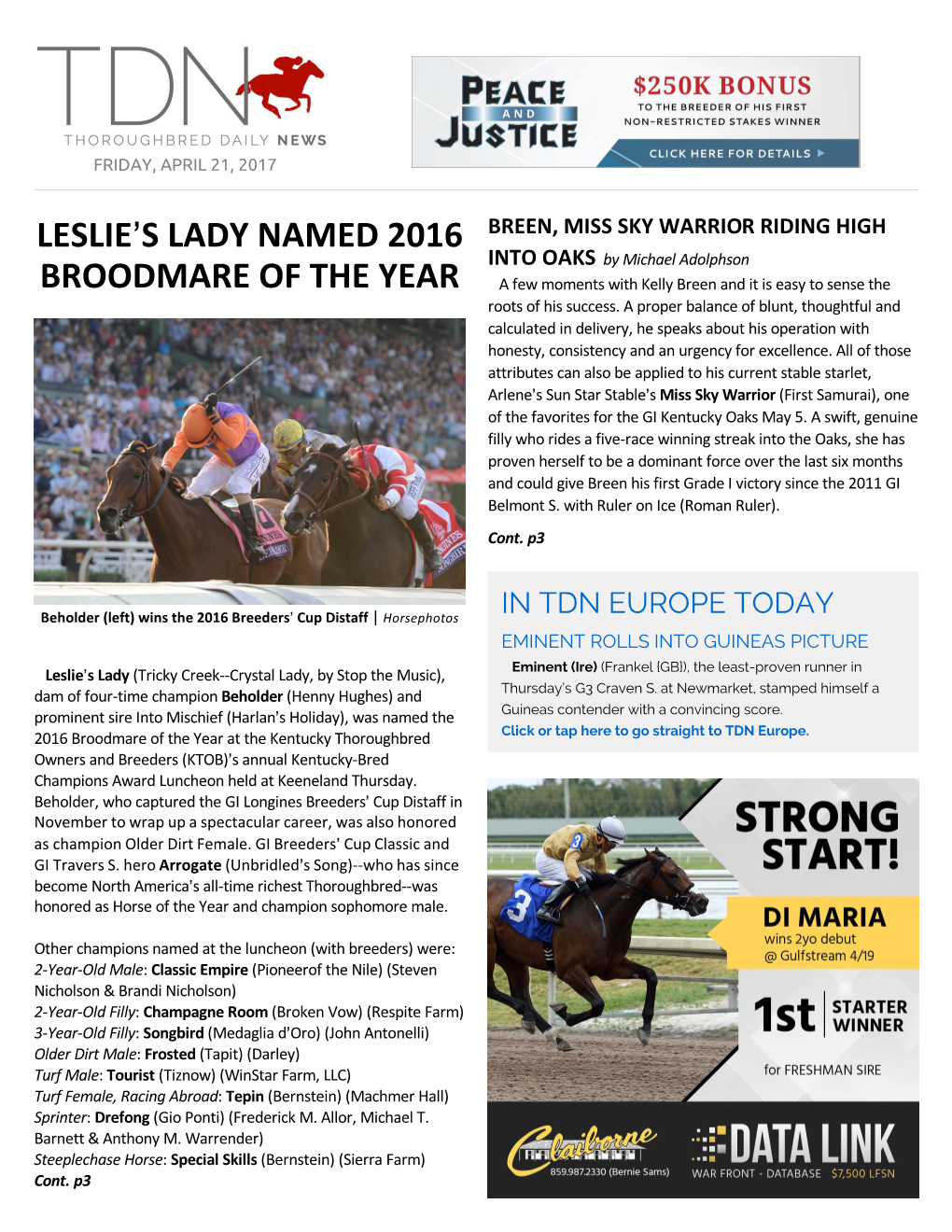 Leslie=S Lady Named 2016 Broodmare of the Year