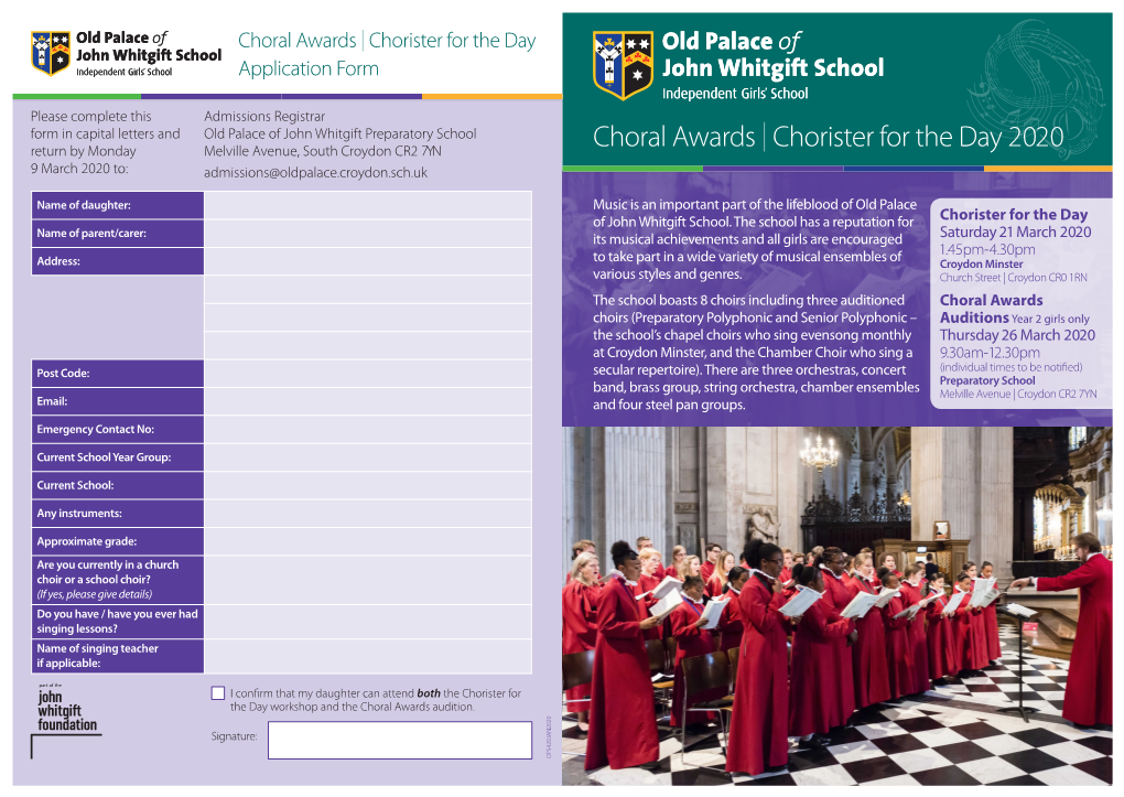 Choral Awards | Chorister for the Day Application Form