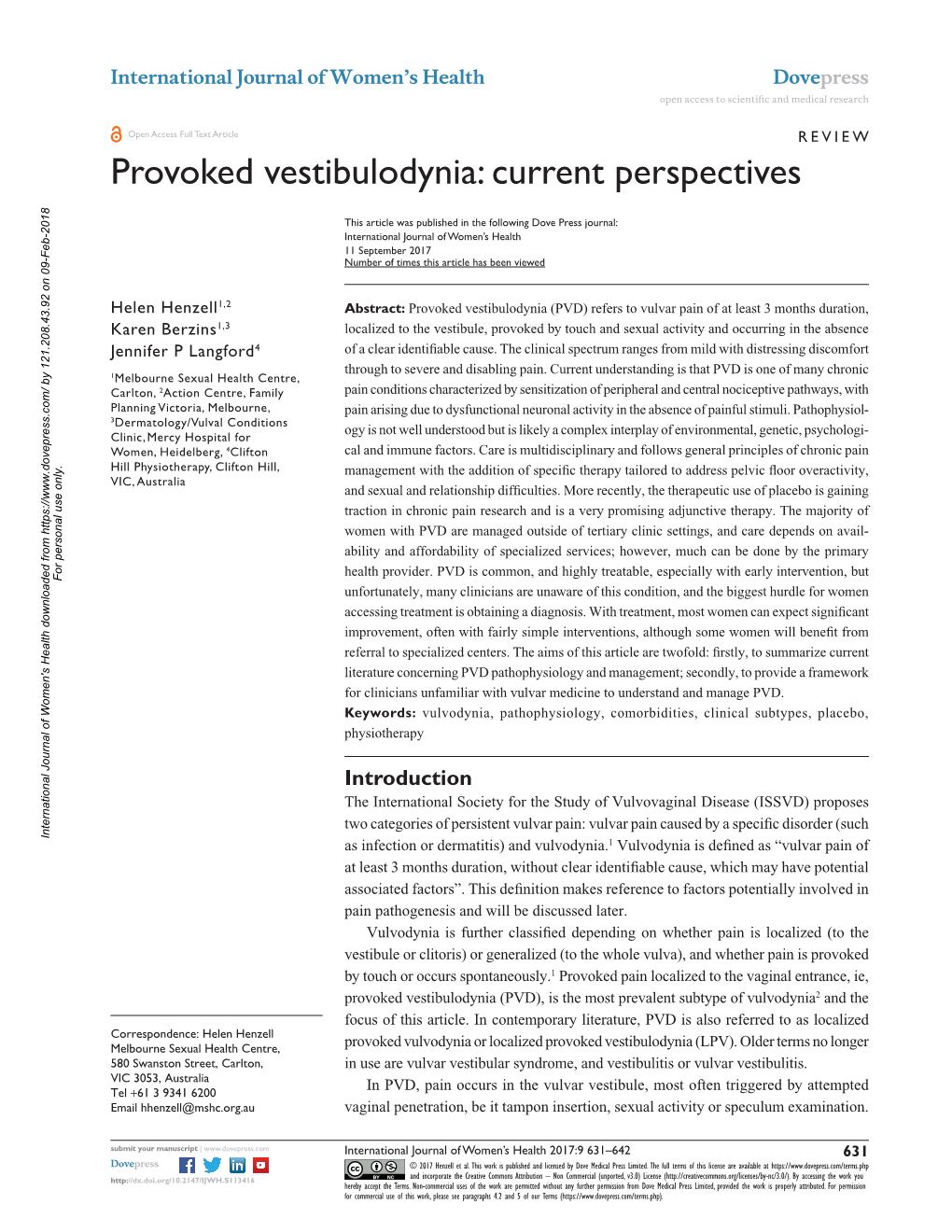 Provoked Vestibulodynia: Current Perspectives