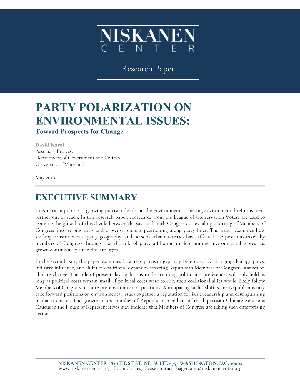 PARTY POLARIZATION on ENVIRONMENTAL ISSUES: Toward Prospects for Change